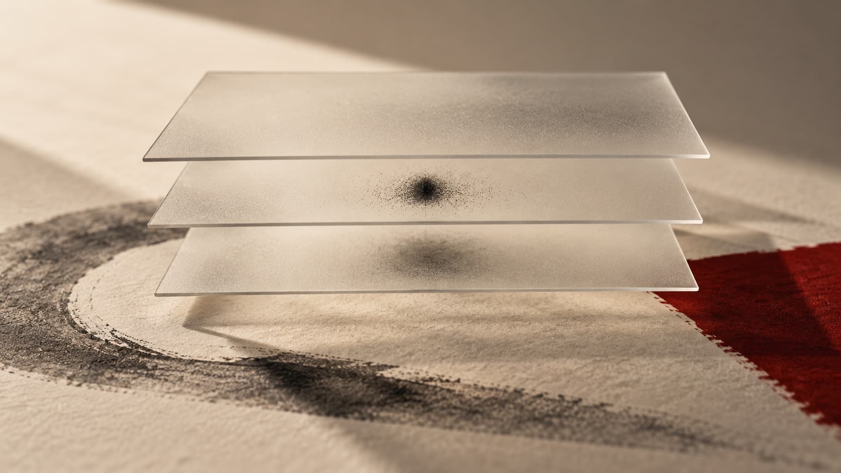 Abstract glass layers with a charcoal mark suspended at the central plane