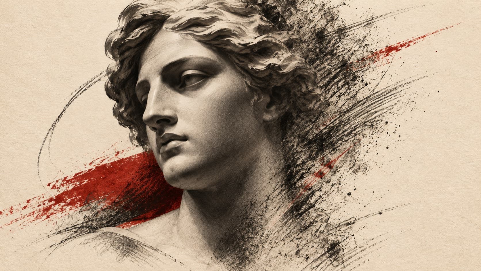 Editorial charcoal illustration contrasting smooth shading with uneven grain on a sculpted face
